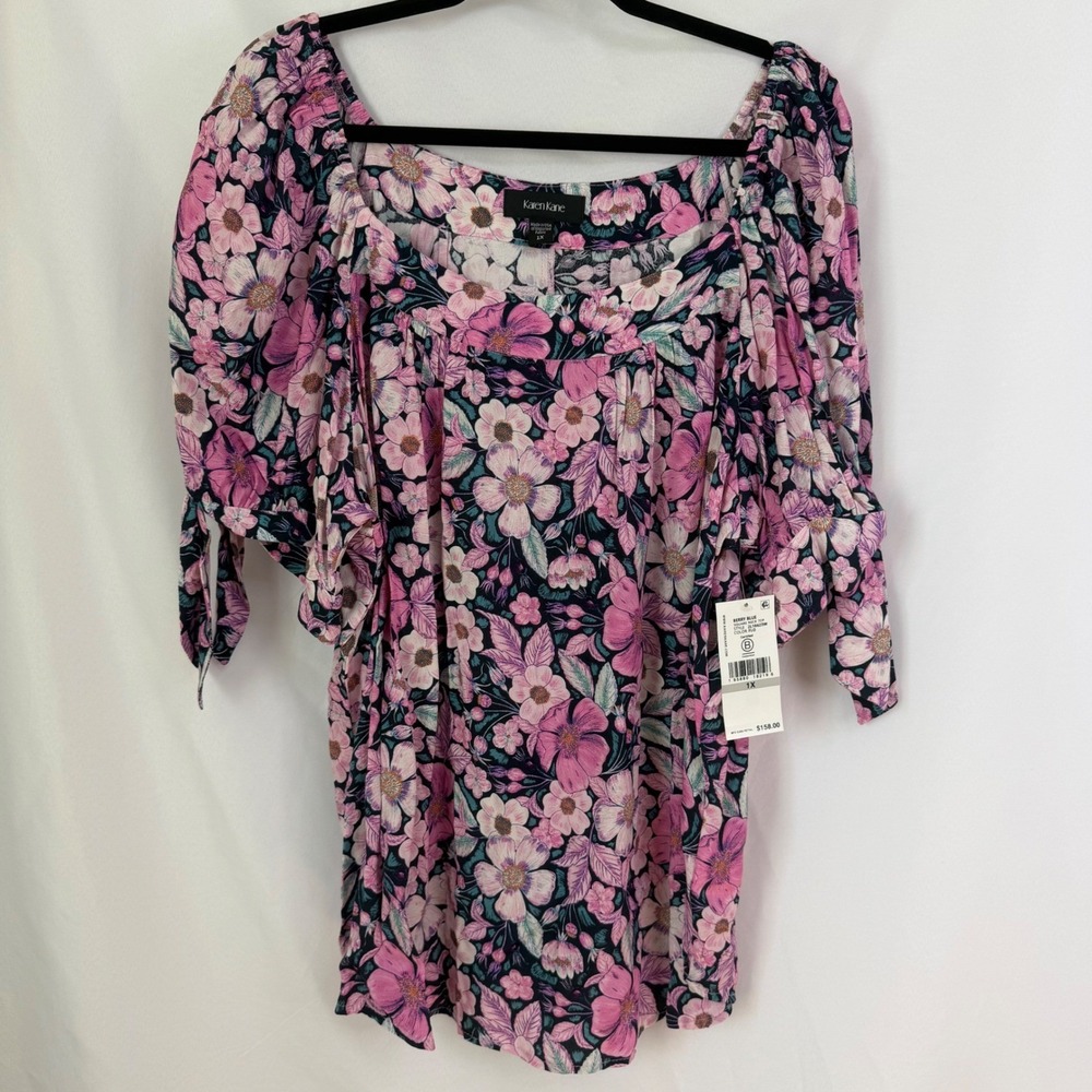 Karen Kane Womens 1X Square Neck Floral Tie Sleeve Viscose Boho Top NWT $158